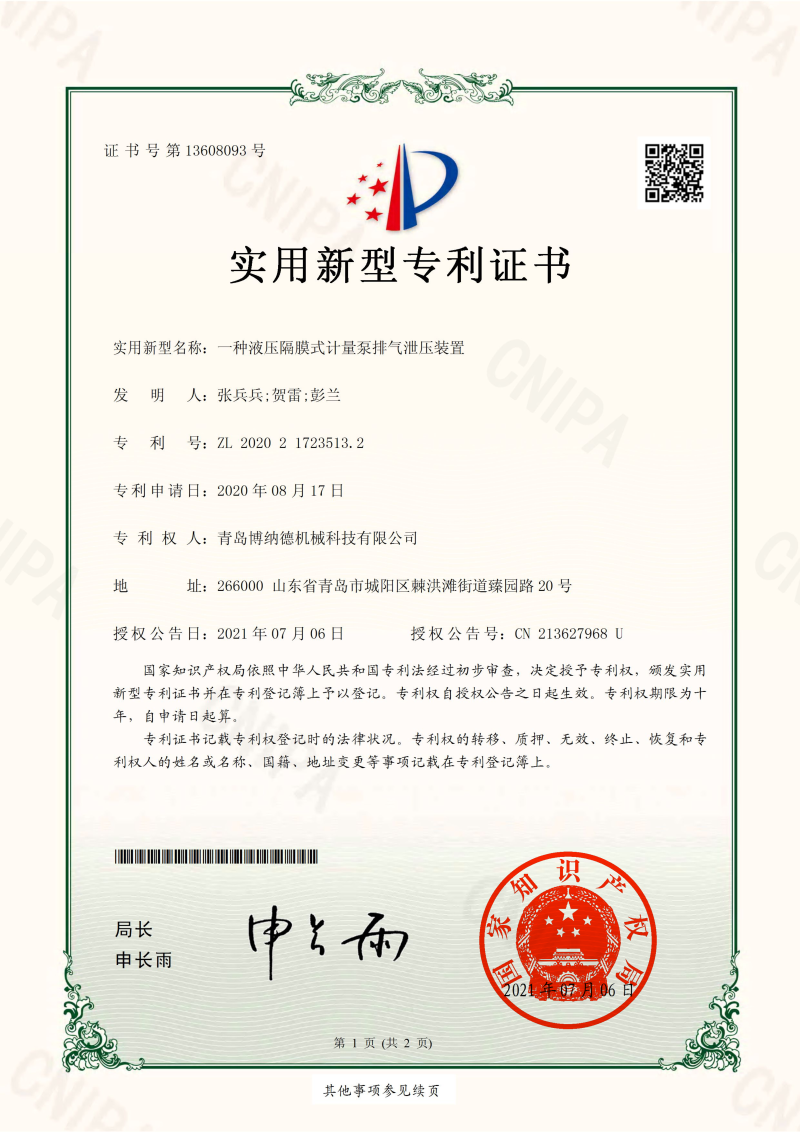 02 一种液压隔膜式计量泵排气泄压装置